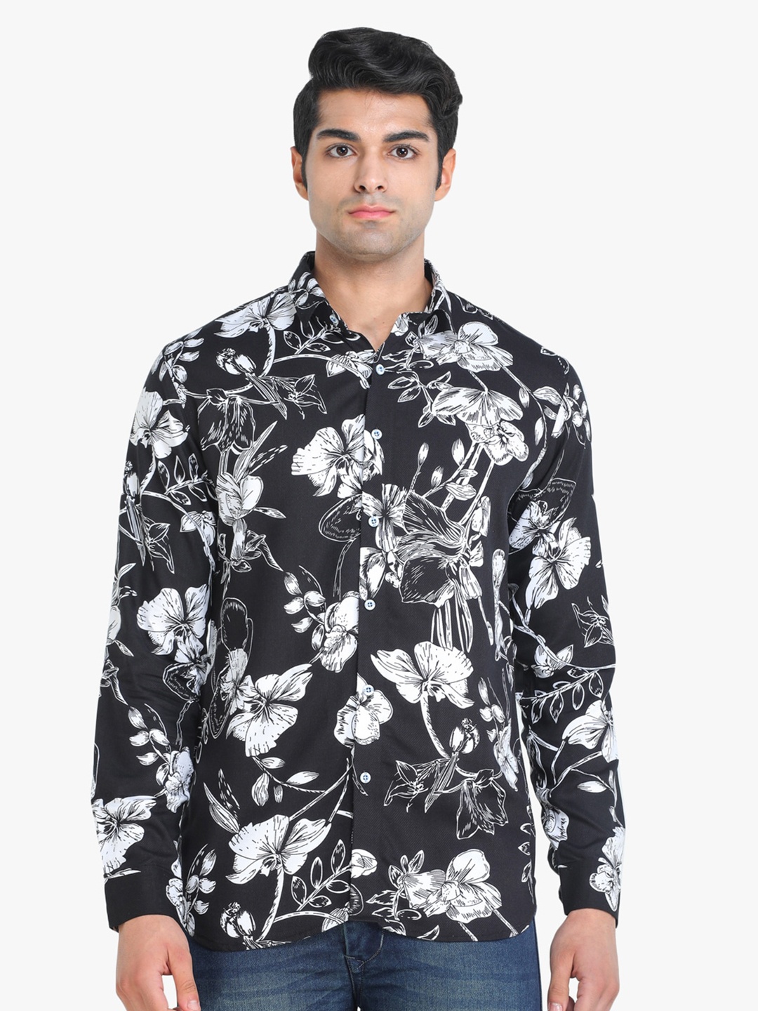 

COLVYNHARRIS JEANS Men Black & White Floral Print Slim Fit Casual Shirt