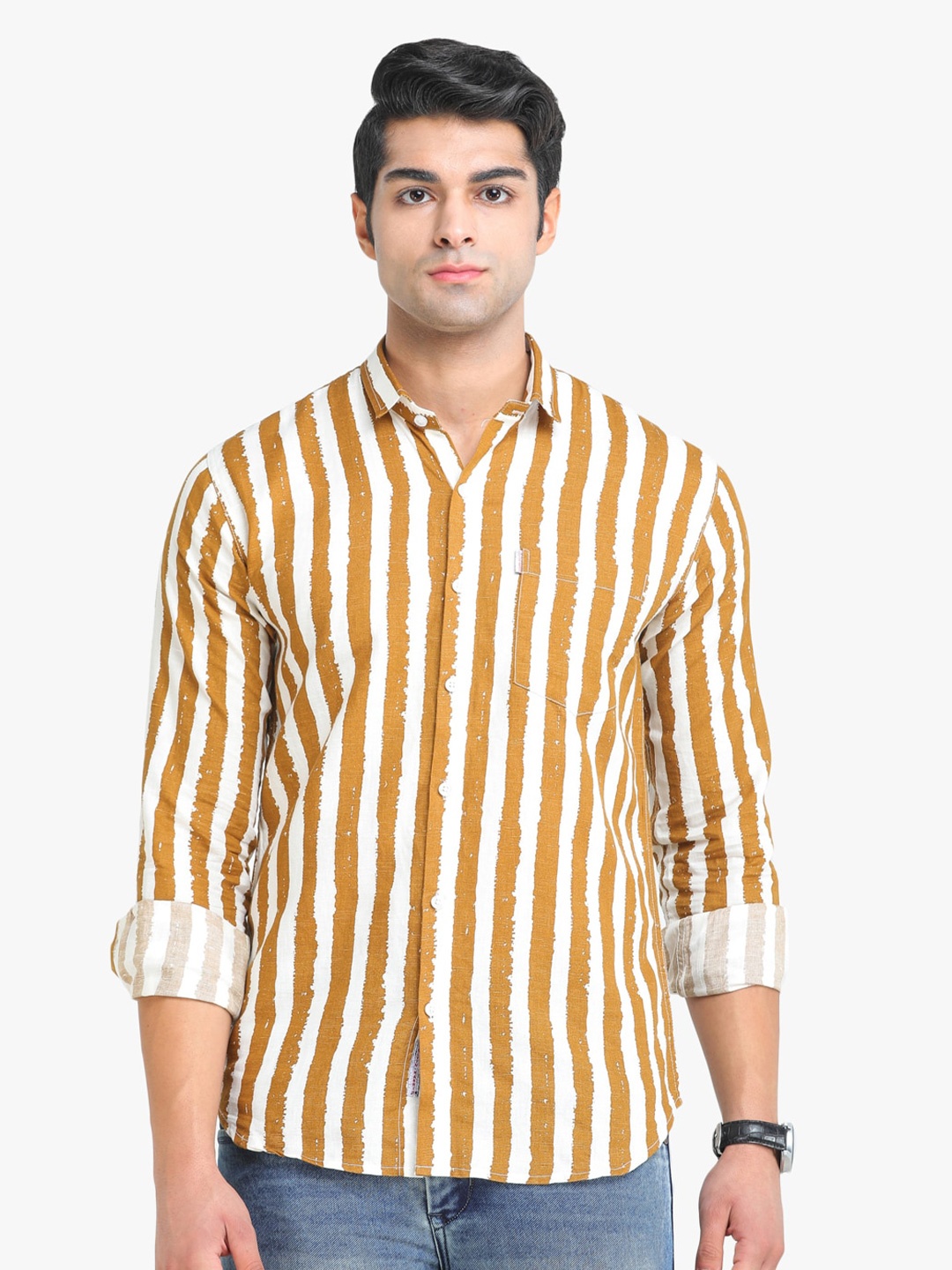 

COLVYNHARRIS JEANS Men Mustard Yellow & White Linen Striped Slim Fit Casual Shirt