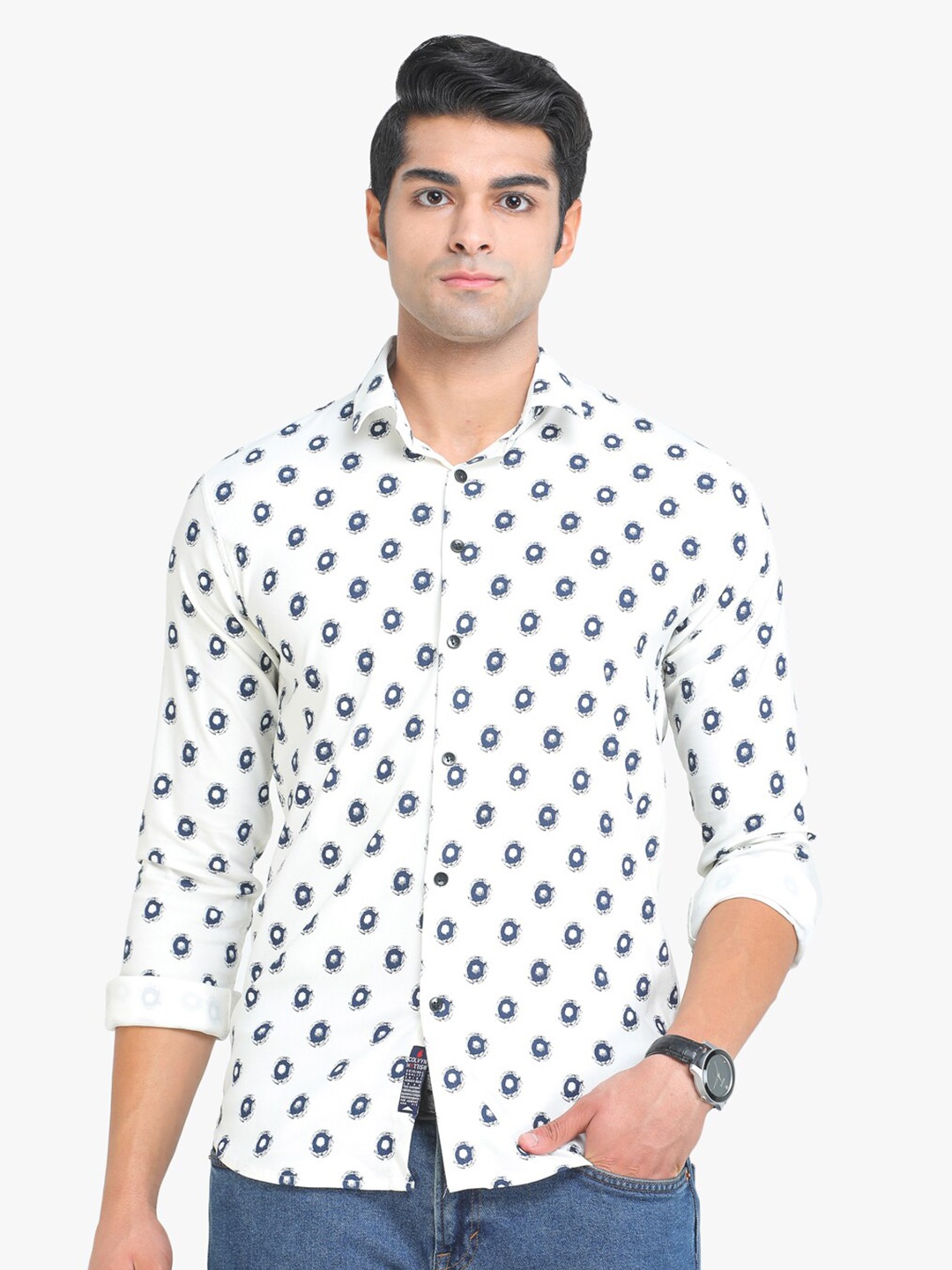 

COLVYNHARRIS JEANS Men White & Blue Slim Fit Printed Casual Shirt