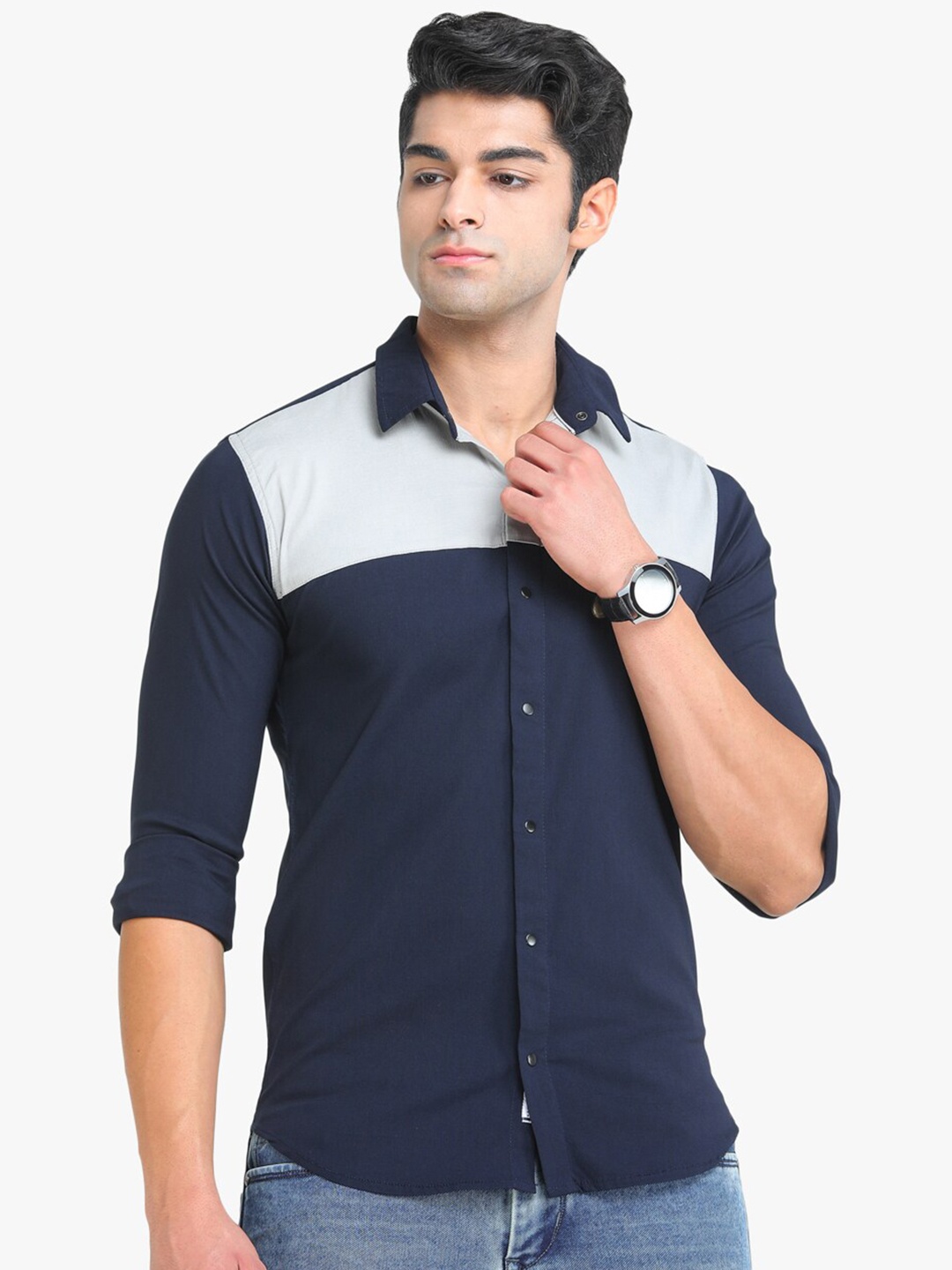 

COLVYNHARRIS JEANS Men Navy Blue Slim Fit Colourblocked Casual Shirt