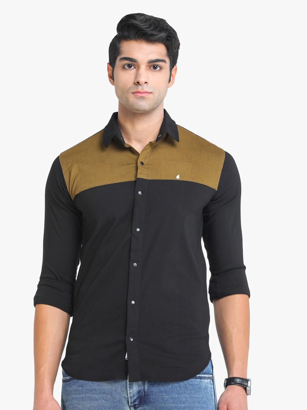 

COLVYNHARRIS JEANS Men Black & Brown Colourblocked Slim Fit Casual Shirt