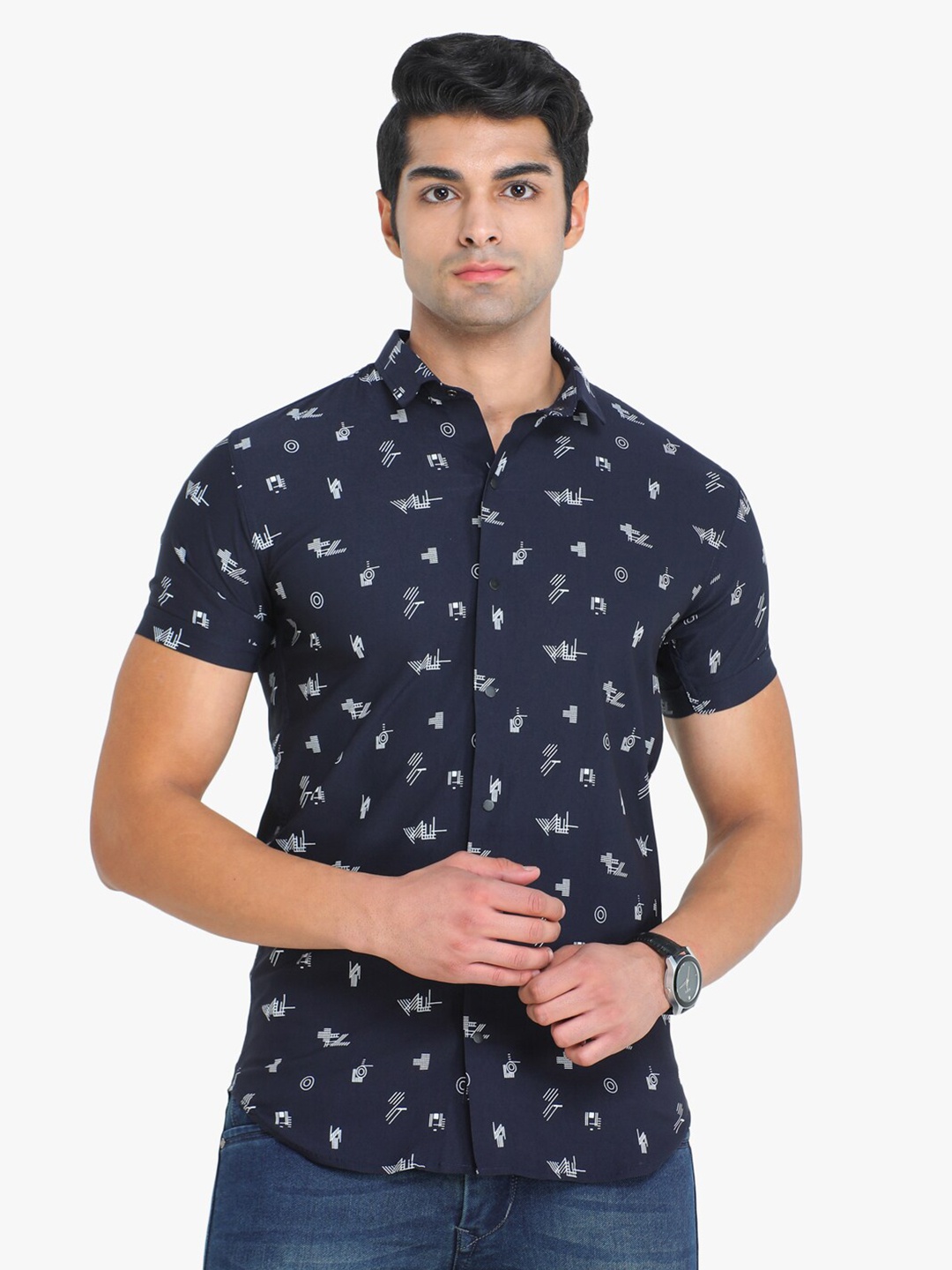 

COLVYNHARRIS JEANS Men Navy Blue & White Slim Fit Printed Casual Shirt