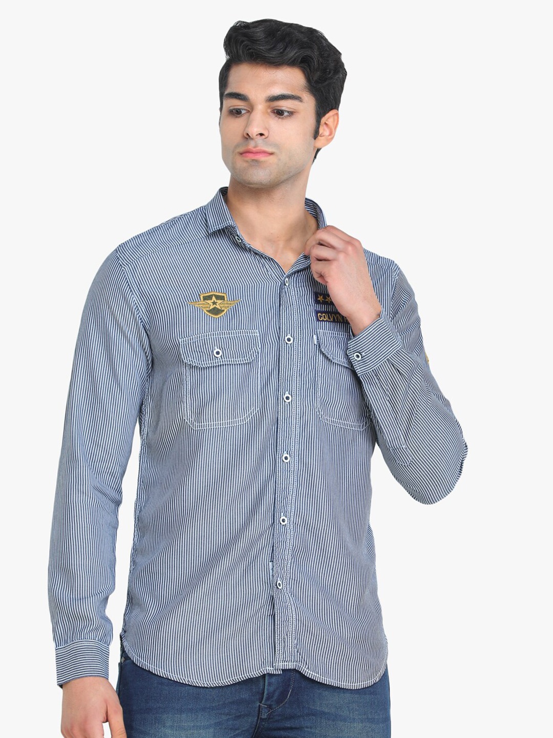 

COLVYNHARRIS JEANS Men Navy Blue & White Cotton Striped Slim Fit Casual Shirt
