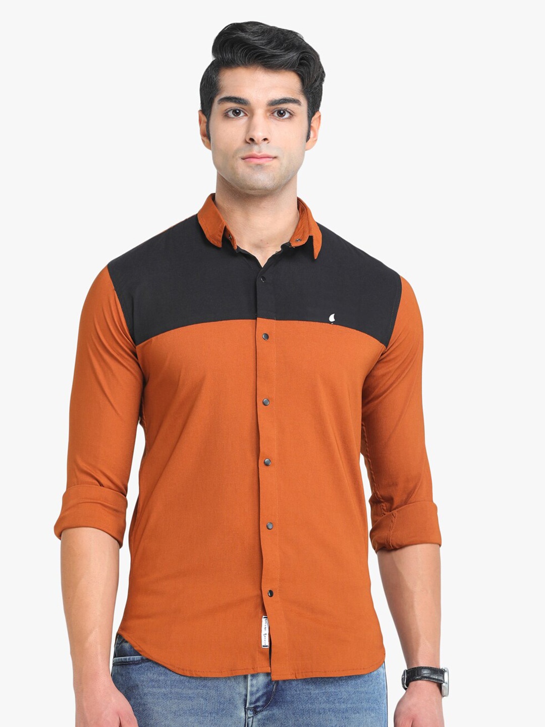 

COLVYNHARRIS JEANS Men Orange & Black Colourblocked Slim Fit Casual Shirt