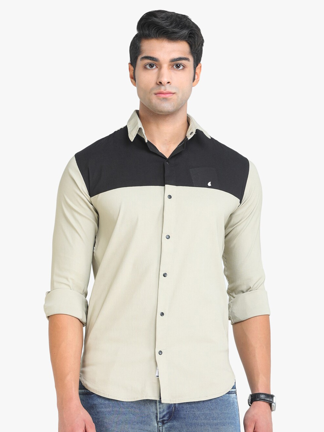 

COLVYNHARRIS JEANS Men Beige & Black Colourblocked Slim Fit Casual Shirt