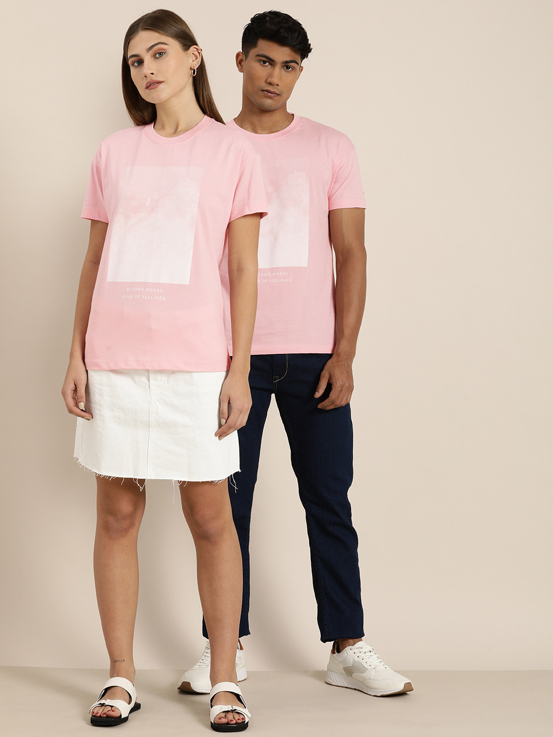 

ether Unisex Pink & White Printed Drop-Shoulder Sleeves T-shirt