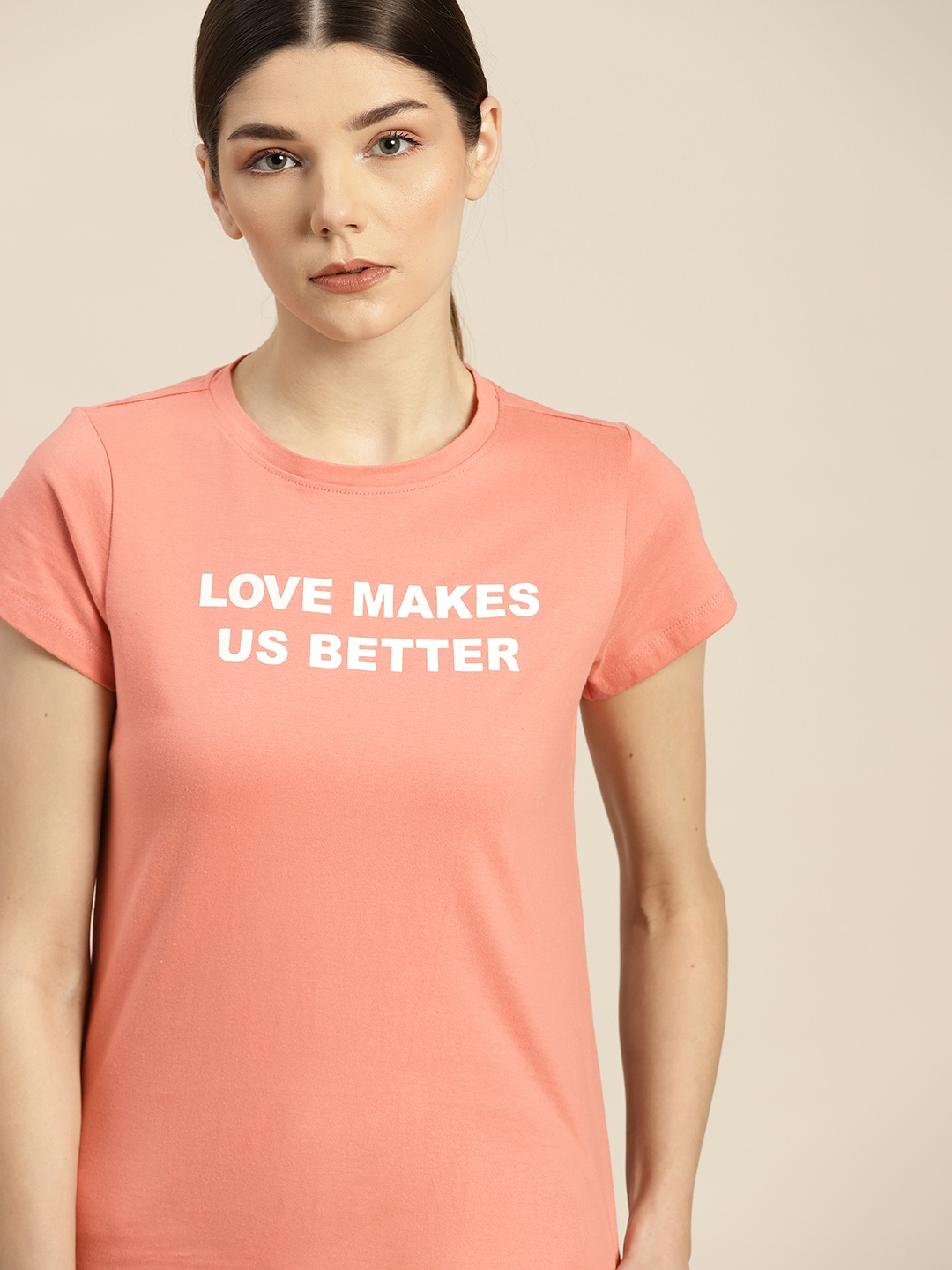 

ether Women Coral Pink & White Typography Printed Pure Cotton T-shirt