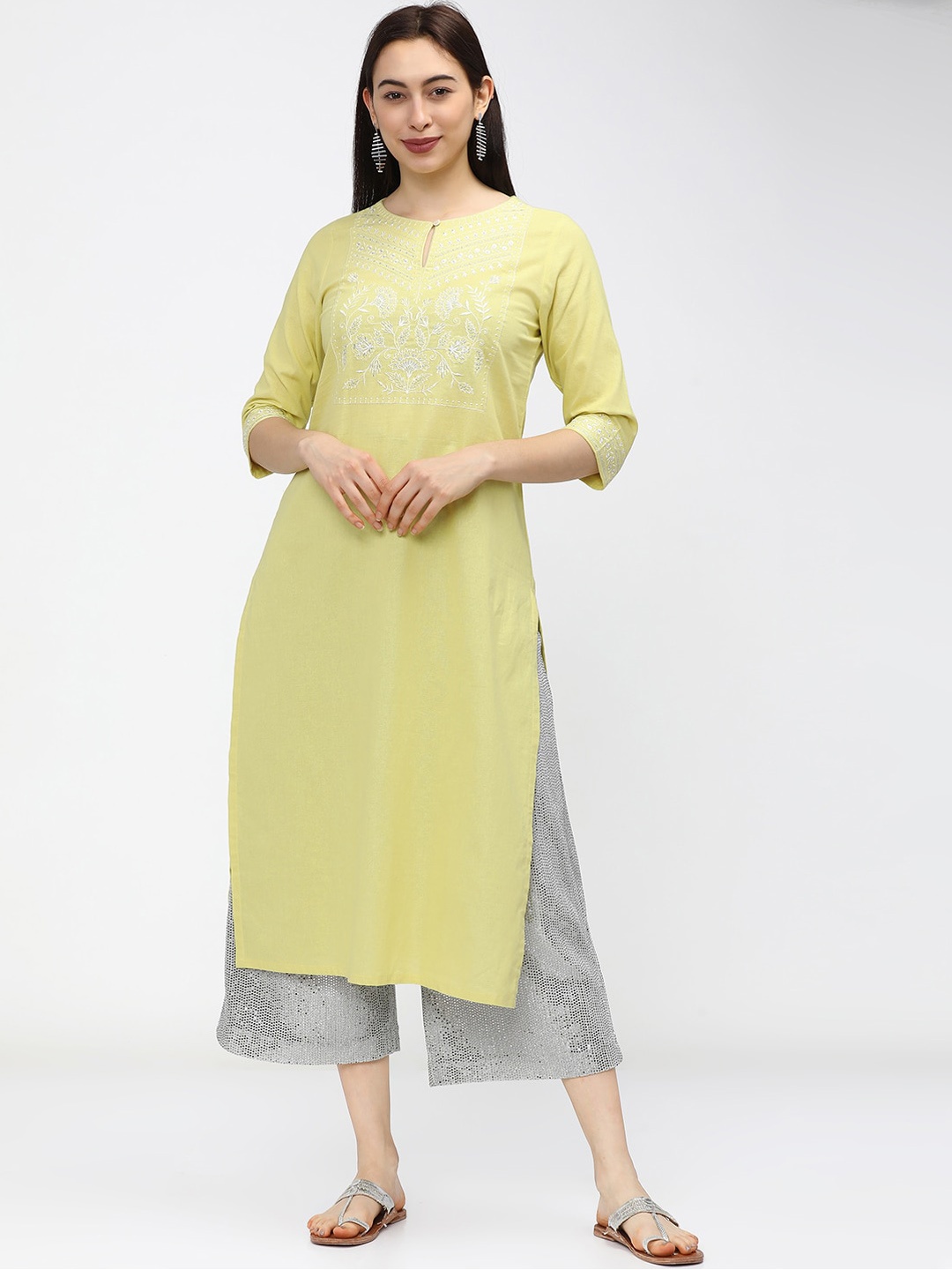 

Vishudh Women Lime Green Floral Embroidered Keyhole Neck Kurta