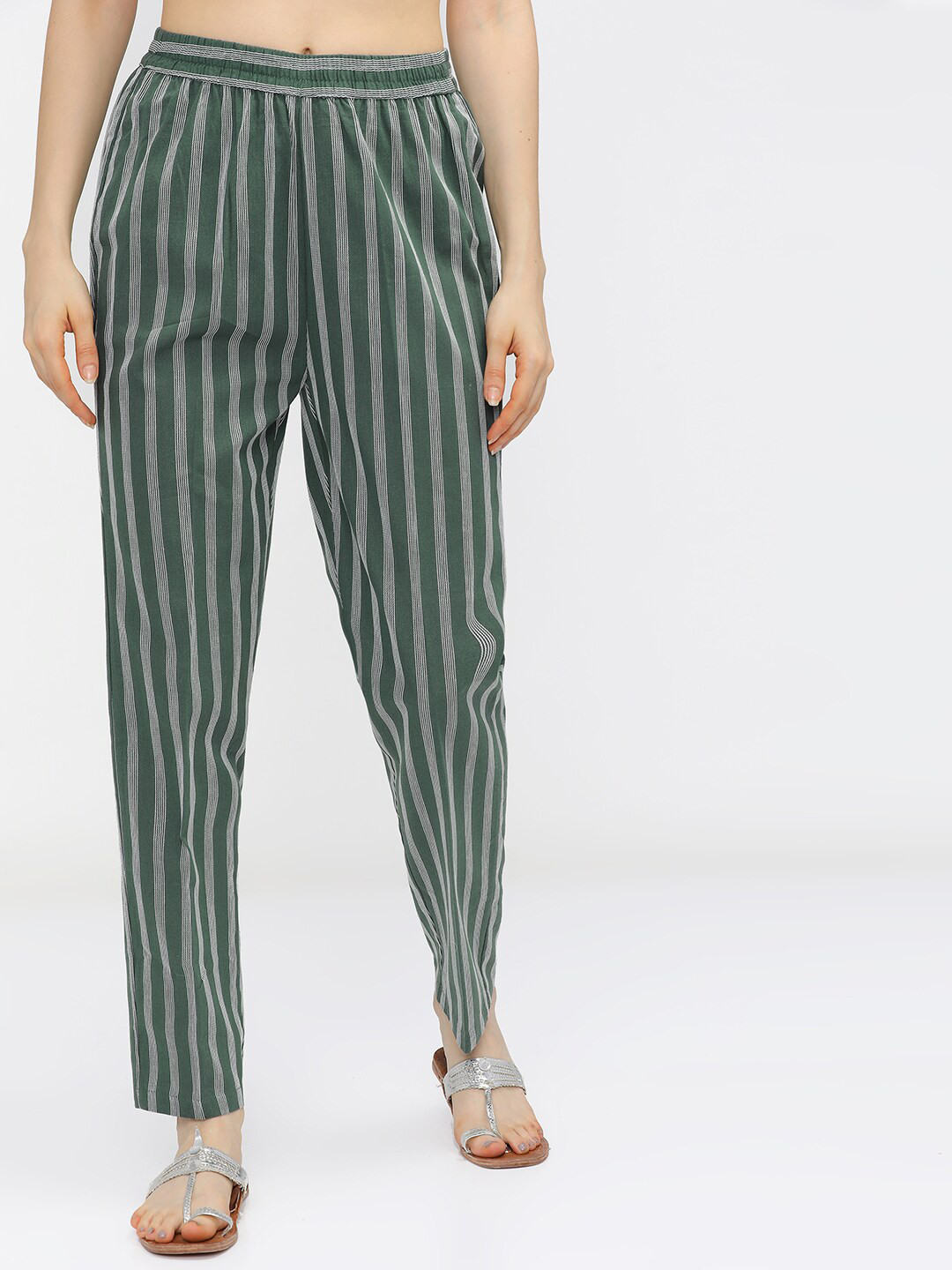 

Vishudh Women Olive Green & White Striped Ethnic Palazzos