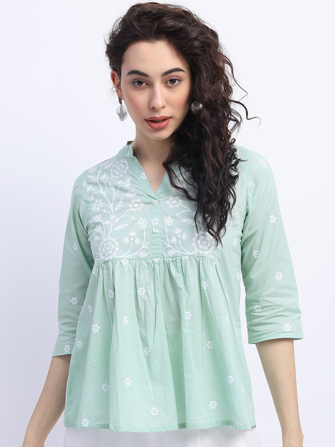 

Vishudh Mint Green Print Mandarin Collar Top
