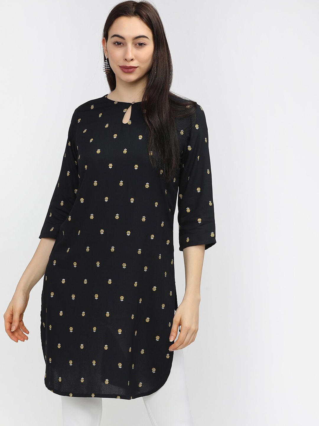 

Vishudh Women Black & Yellow Ethnic Motifs Printed Keyhole Neck Kurta