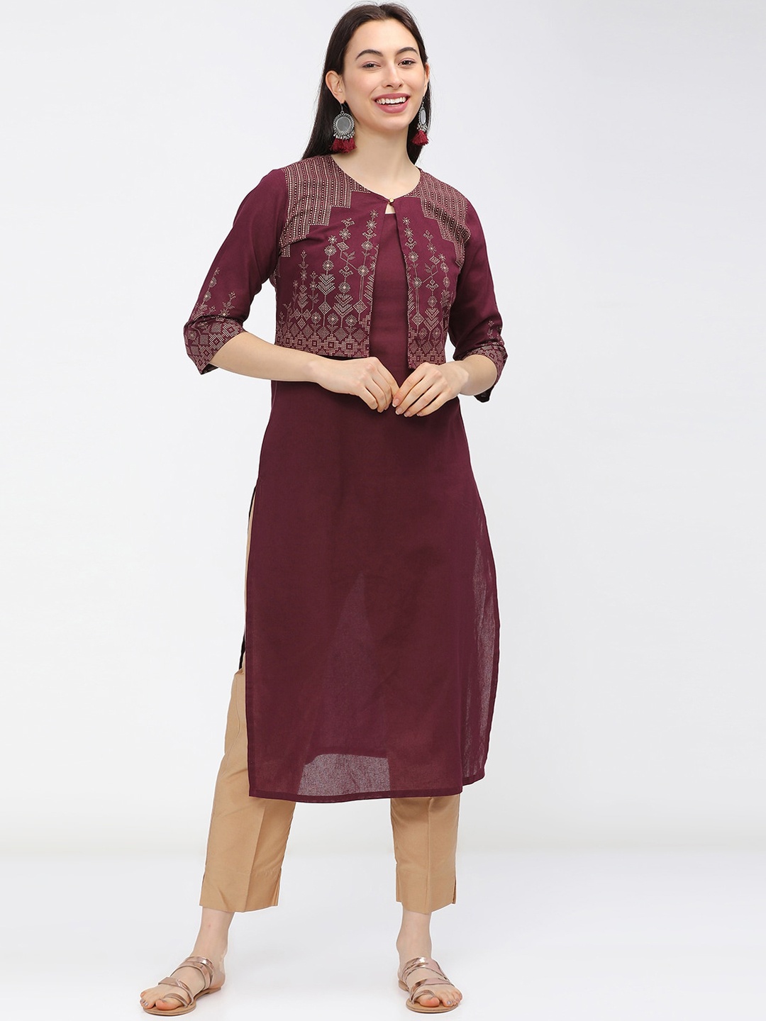 

Vishudh Women Maroon Ethnic Motifs Yoke Design Kurta