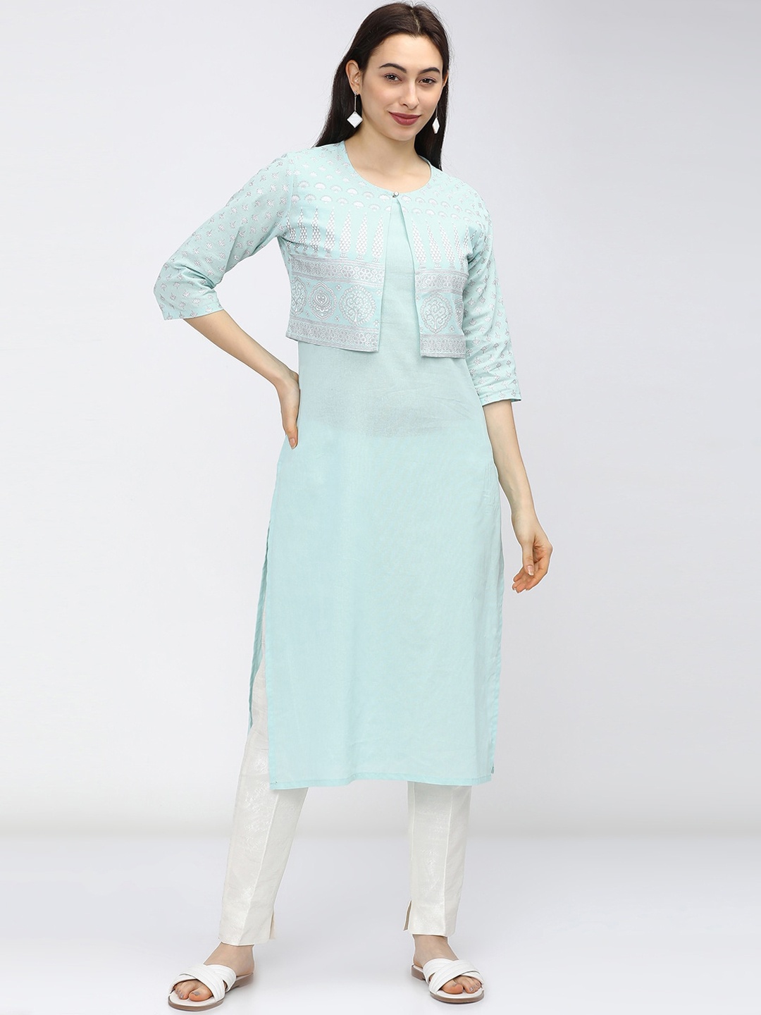 

Vishudh Women Blue Straight Kurta With Printed Jacket