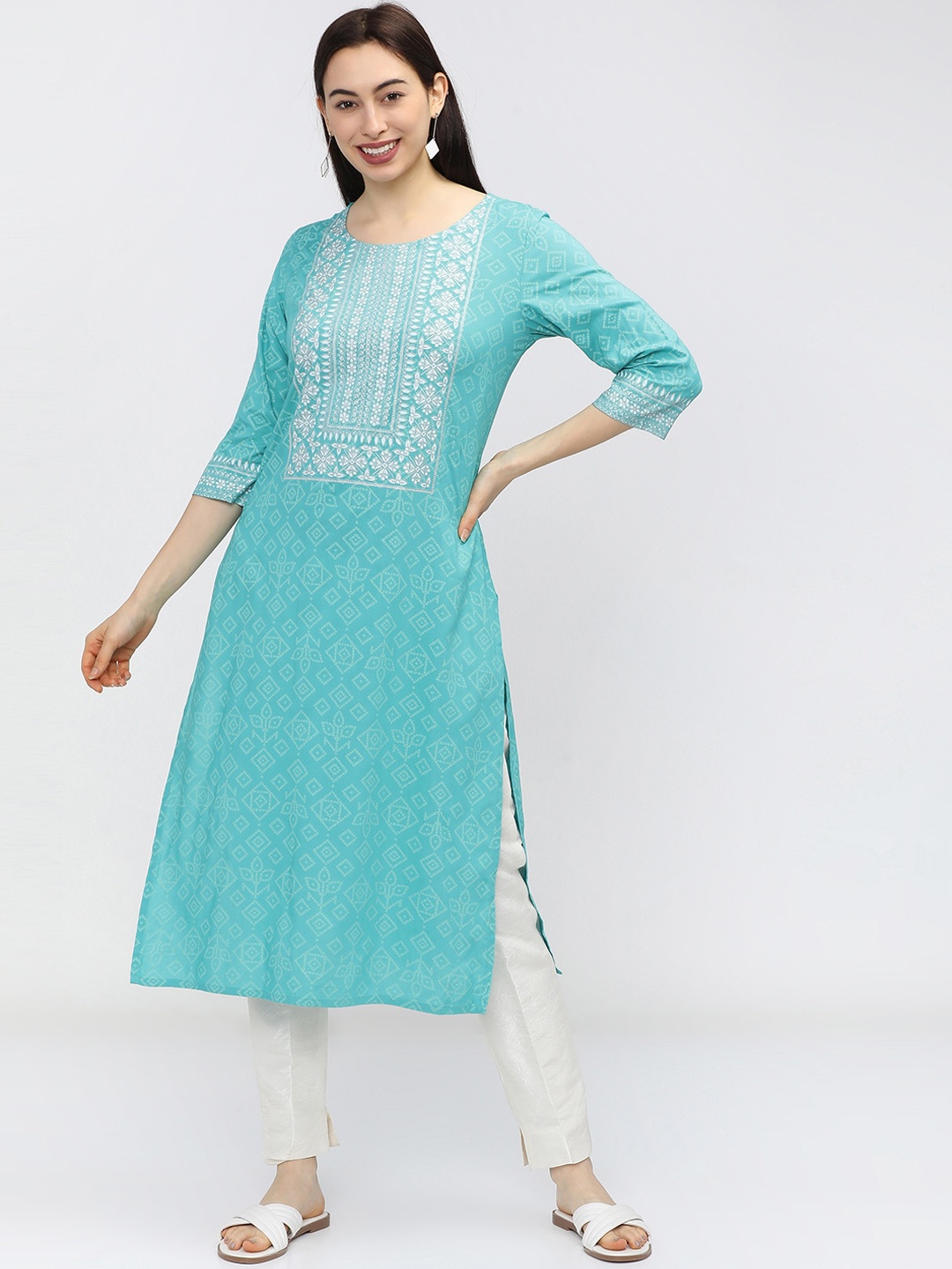 

Vishudh Women Blue & White Bandhani Printed Straight Kurta