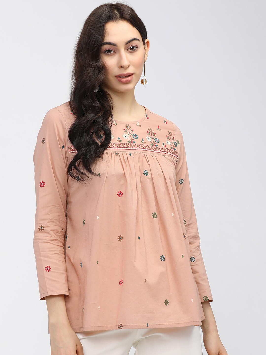 

Vishudh Beige Floral Printed Pleated Top
