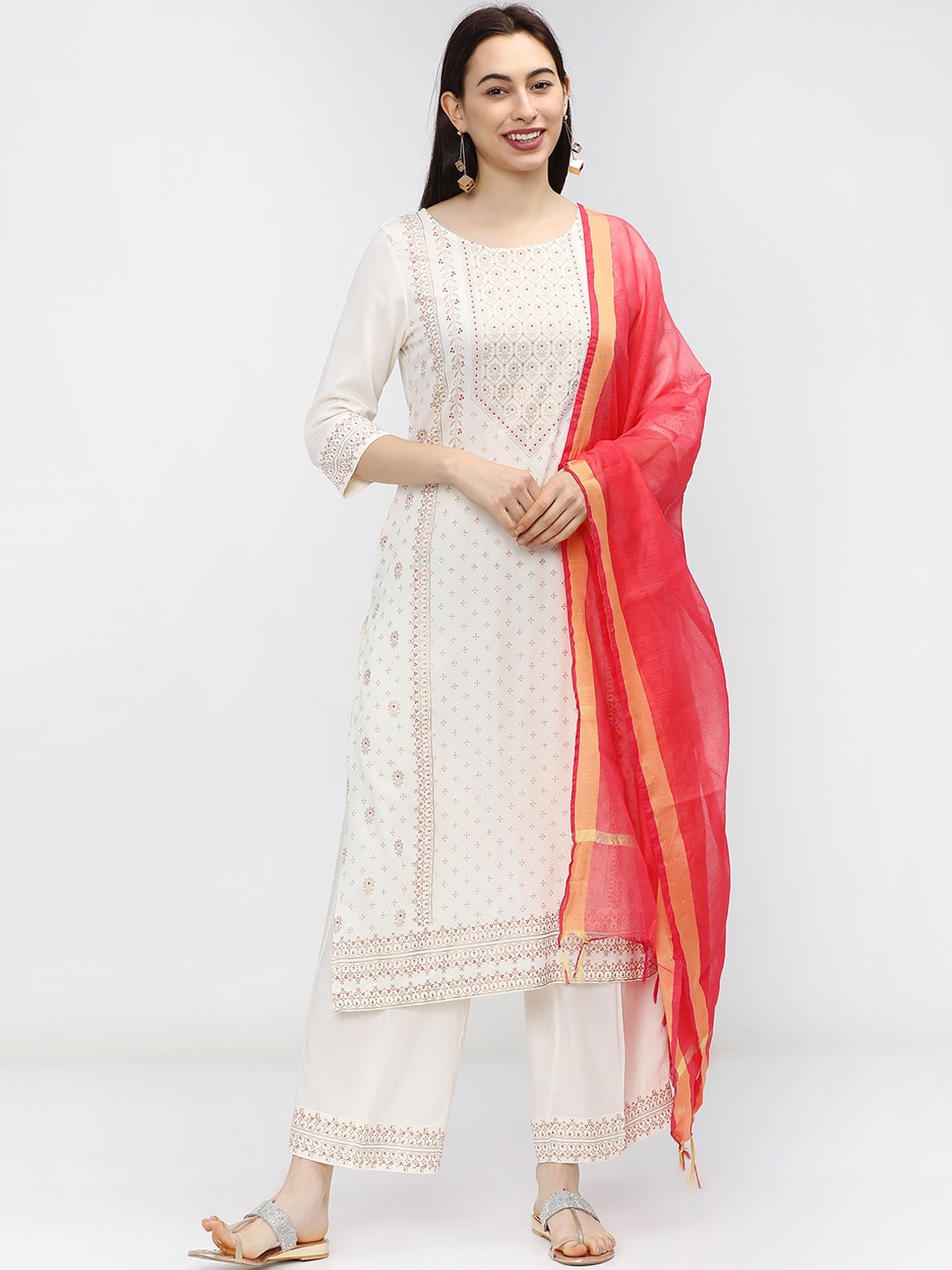 

Vishudh Women Cream-Coloured & Pink Floral Printed Kurta With Palazzos & Dupatta