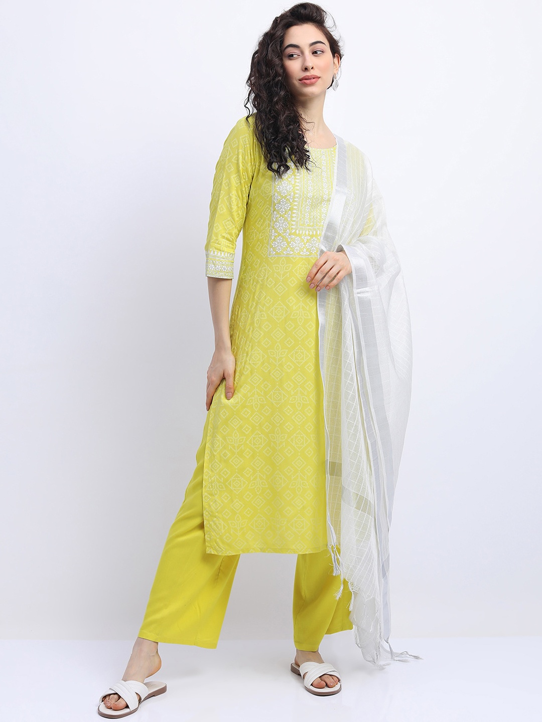 

Vishudh Women Yellow Printed Panelled Kurta with Trousers & With Dupatta