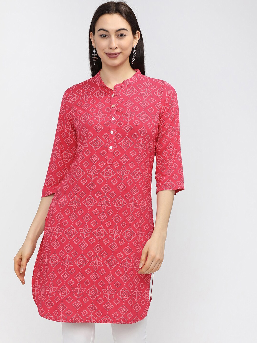 

Vishudh Pink & White Viscose Rayon Mandarin Collar Printed Tunic