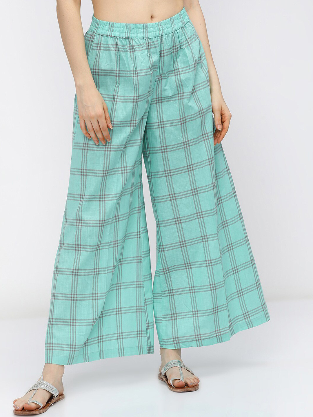 

Vishudh Women Sea Green & Grey Checked Flared Palazzos
