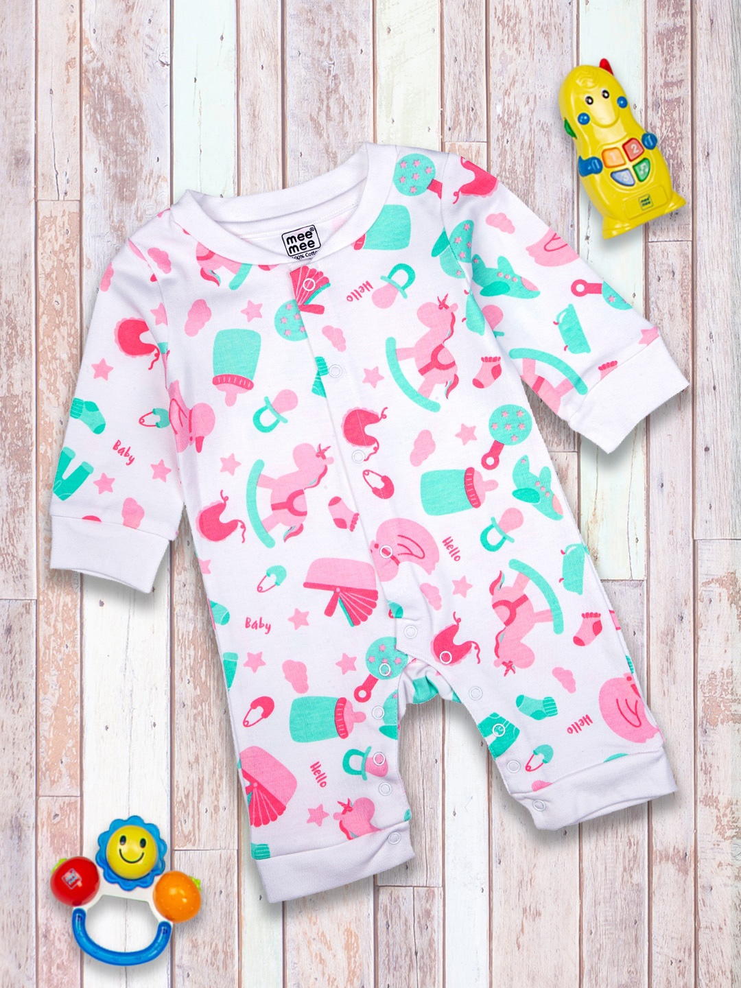 

MeeMee Infant Girls White & Pink Printed Cotton Rompers