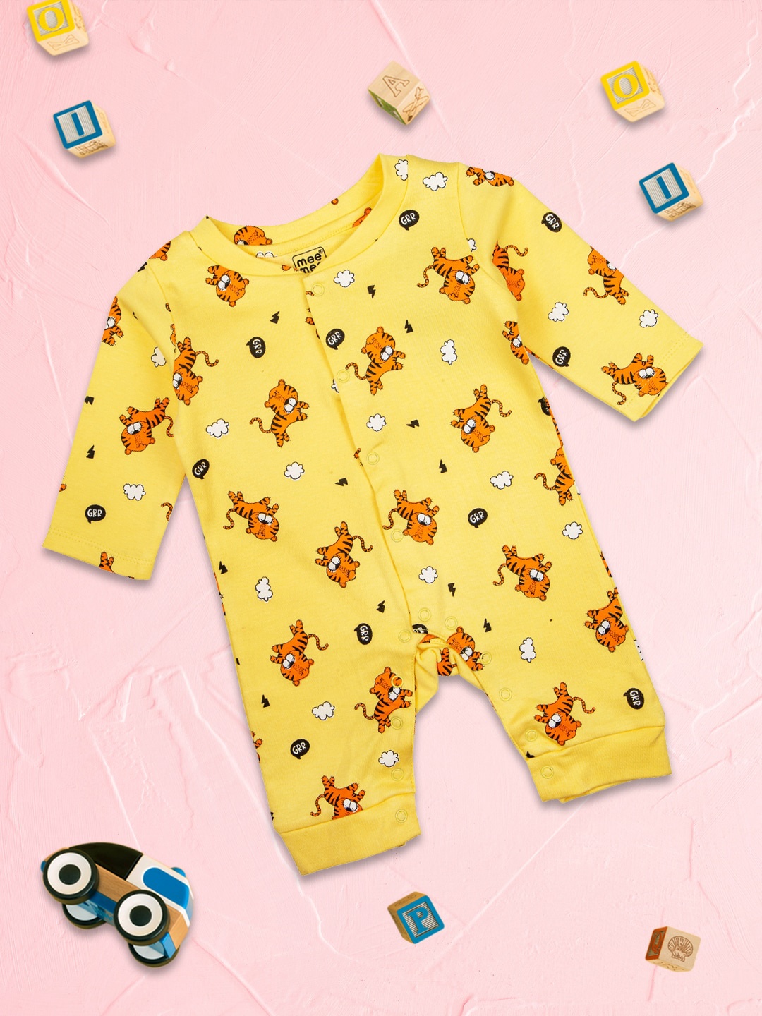 

MeeMee Infant Boys Yellow & Orange Tiger Print Cotton Rompers
