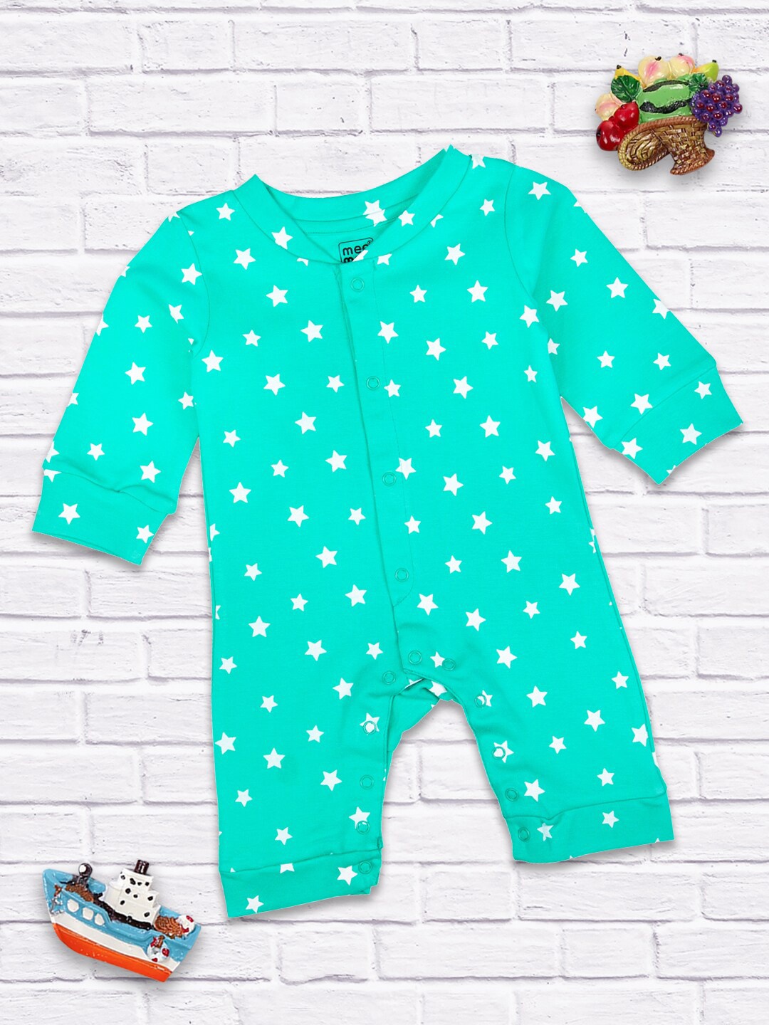 

MeeMee Boys Green & White Printed Cotton Rompers
