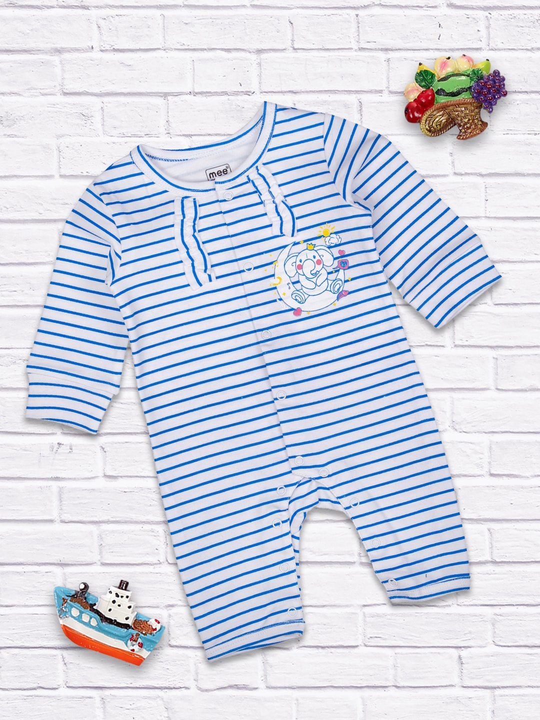 

MeeMee Girls Blue & White Striped Cotton Rompers