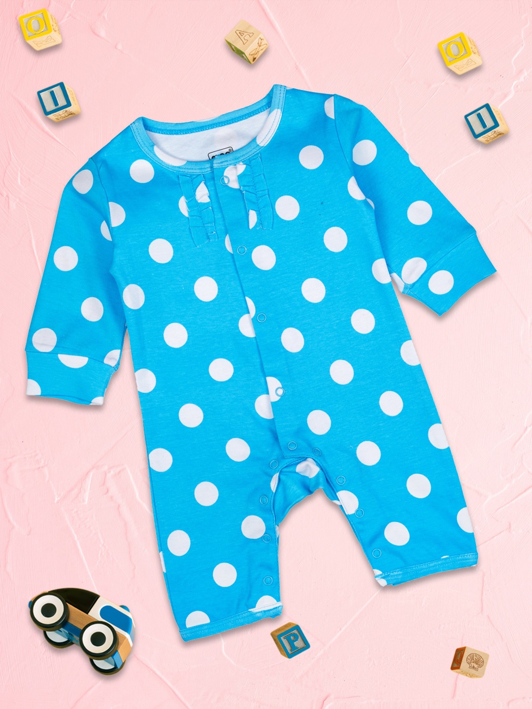 

MeeMee Infant Girls Blue & White Polka-Dot Print Cotton Rompers