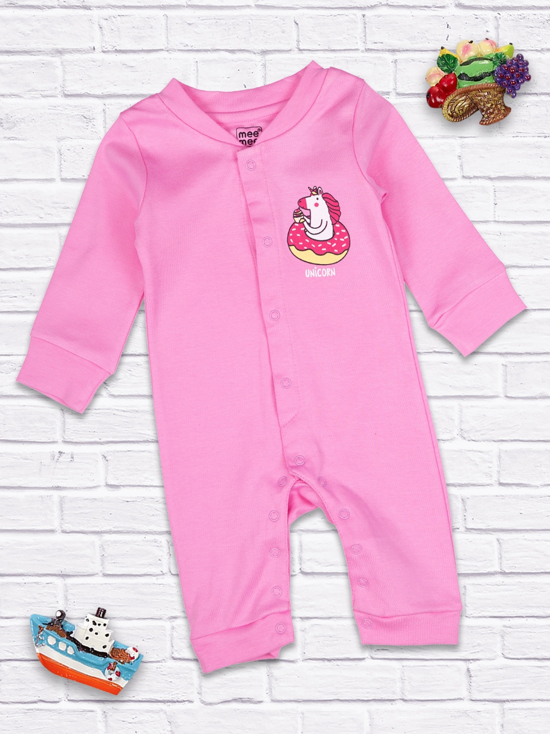 

MeeMee Girls Pink Solid Cotton Rompers