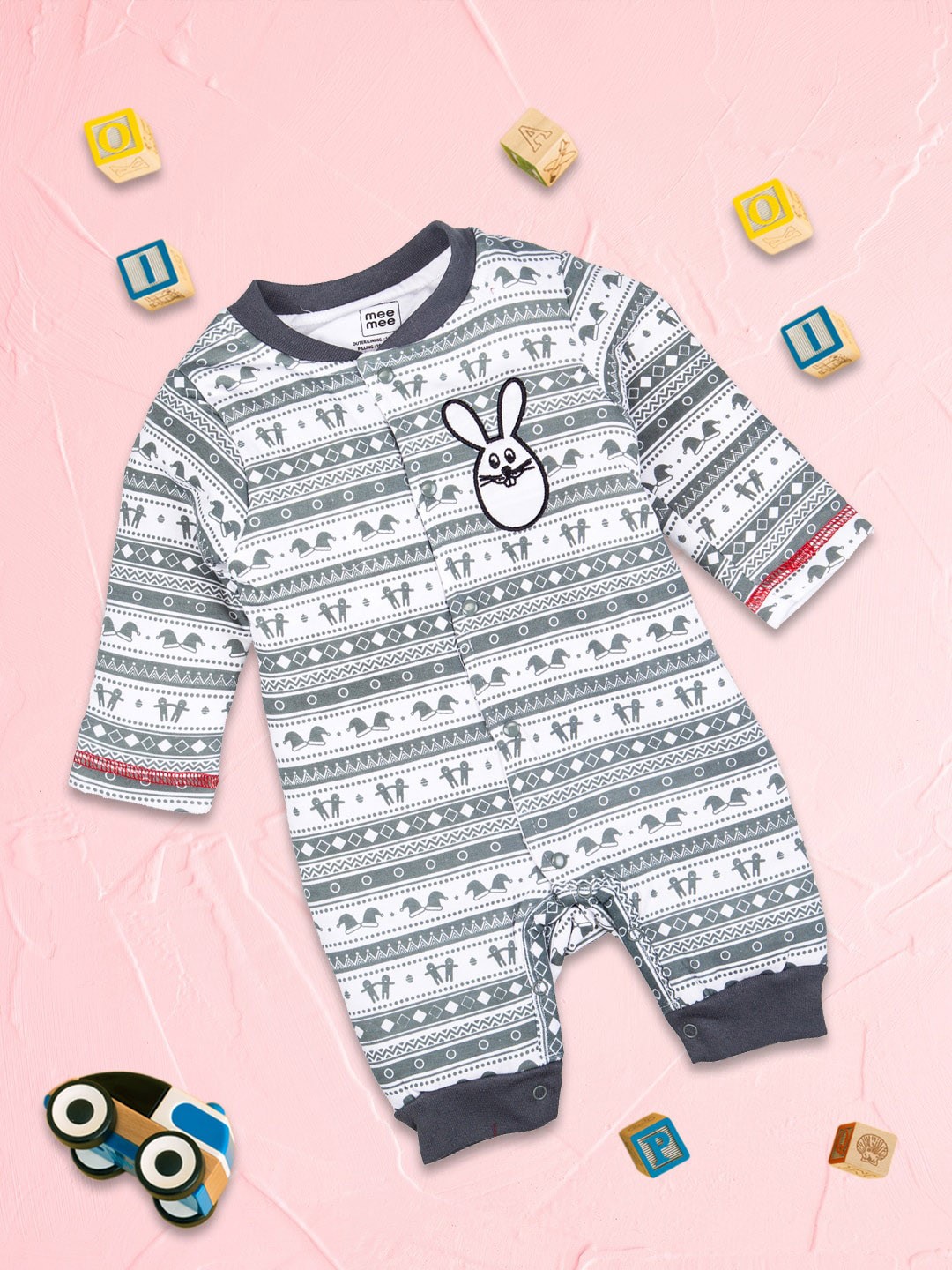 

MeeMee Infant Boys Grey & White Printed Cotton Rompers