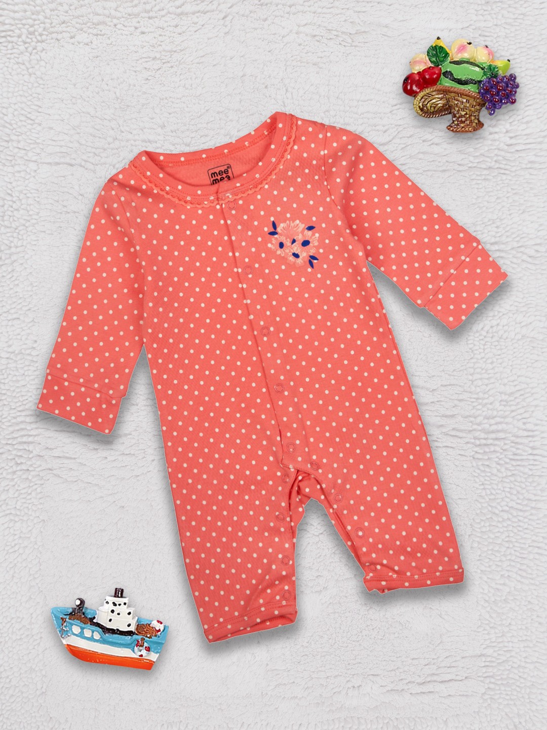 

MeeMee Infant Girls Coral & White Printed Cotton Rompers