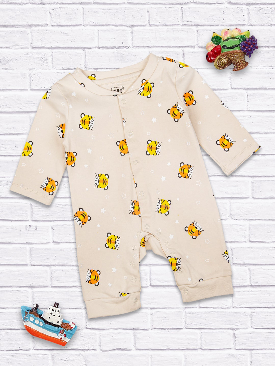 

MeeMee Boys Beige & Yellow Tiger Print Cotton Rompers