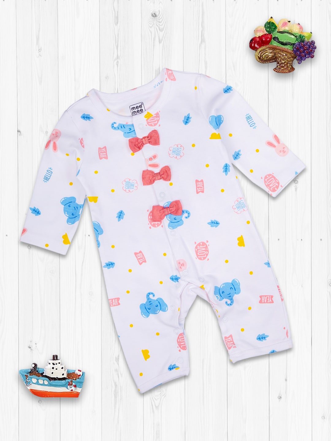 

MeeMee Girls White & Blue Printed Cotton Rompers