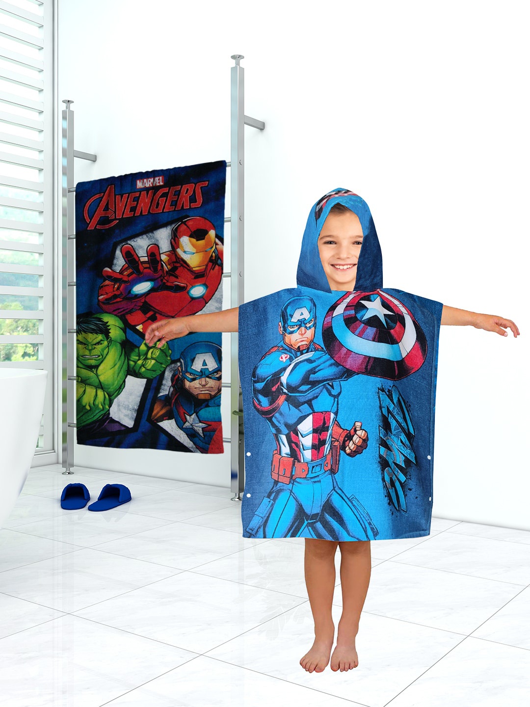 

Marvel Kids Blue & Red Avengers Printed 350GSM Cotton Hooded Poncho and Bath Towel Set