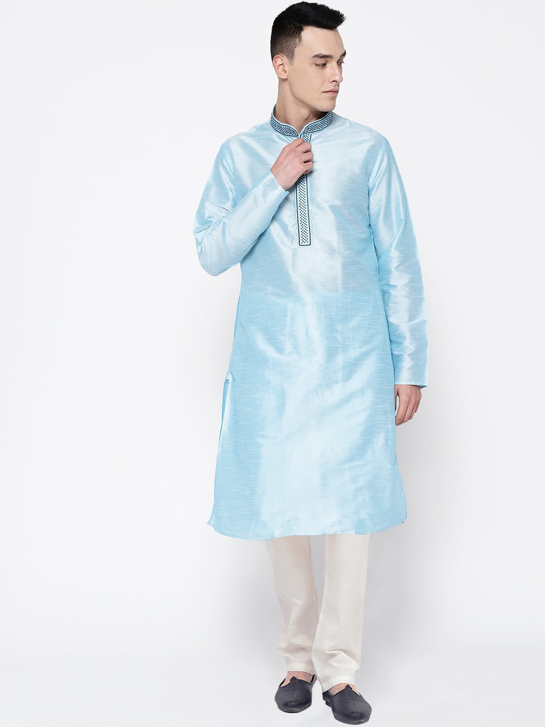 

SG LEMAN Men Turquoise Blue Raw Silk Kurta with Churidar
