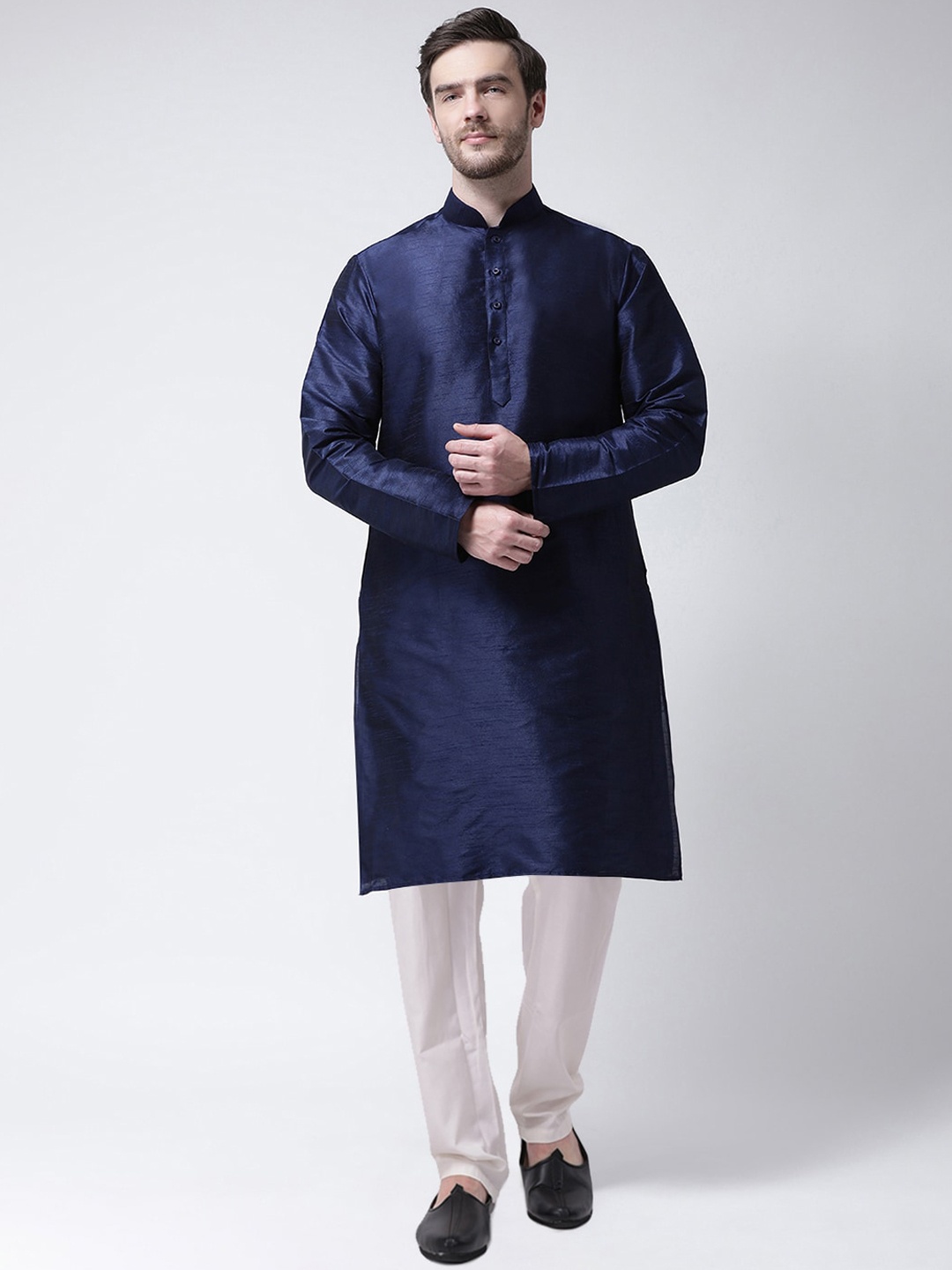 

SG LEMAN Men Navy Blue Yoke Design Raw Silk Kurta with Pyjamas