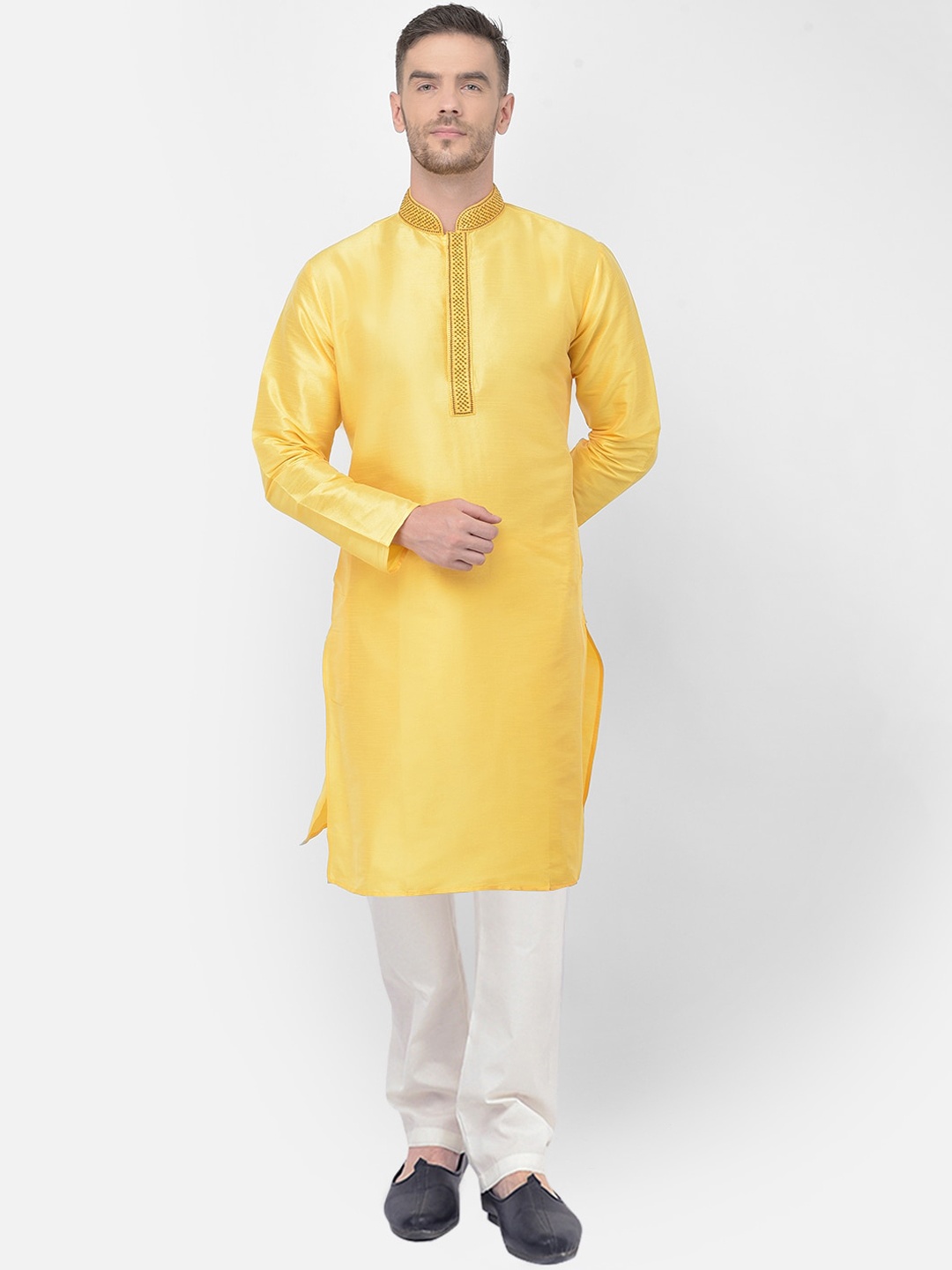 

SG LEMAN Men Yellow & Yellow Raw Silk Kurta with Churidar