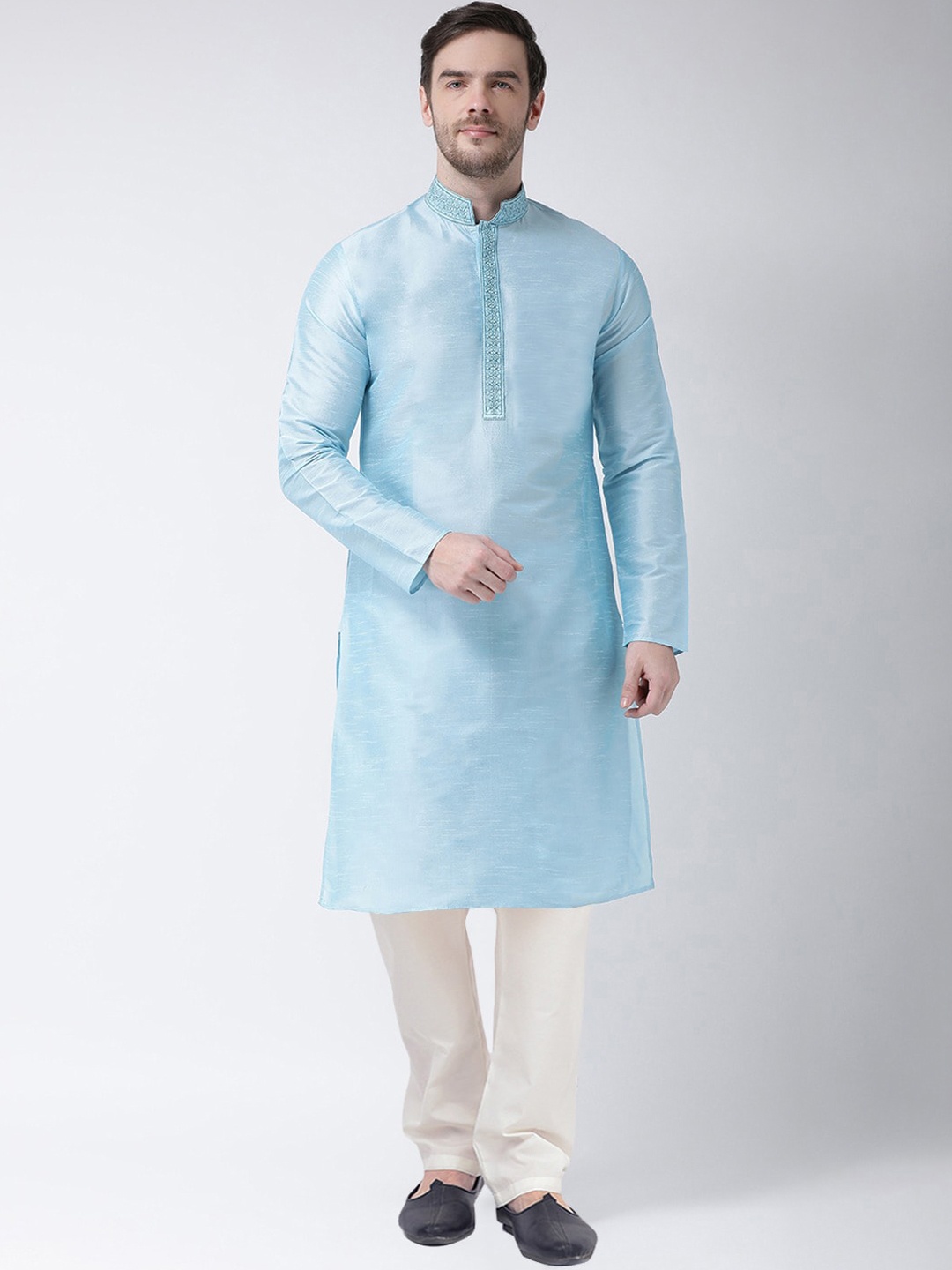 

SG LEMAN Men Turquoise Blue Thread Work Raw Silk Kurta with Churidar