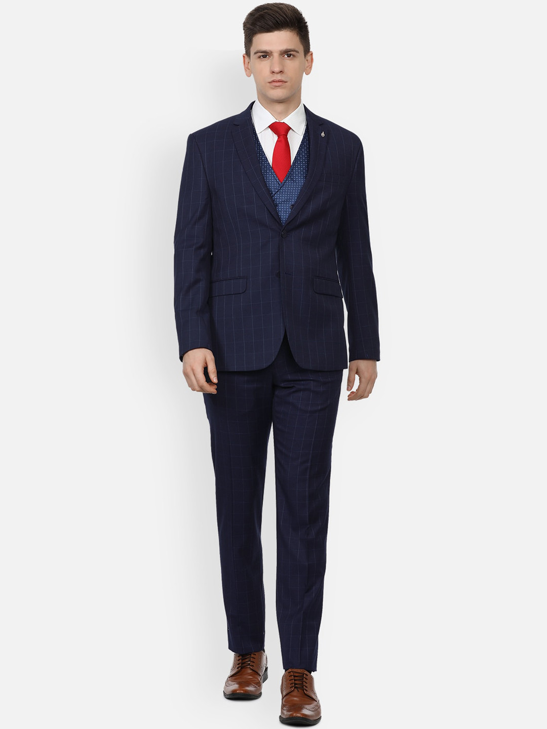 

Van Heusen Men Navy Blue Checked Single-Breasted Slim-Fit Four-Piece Suit