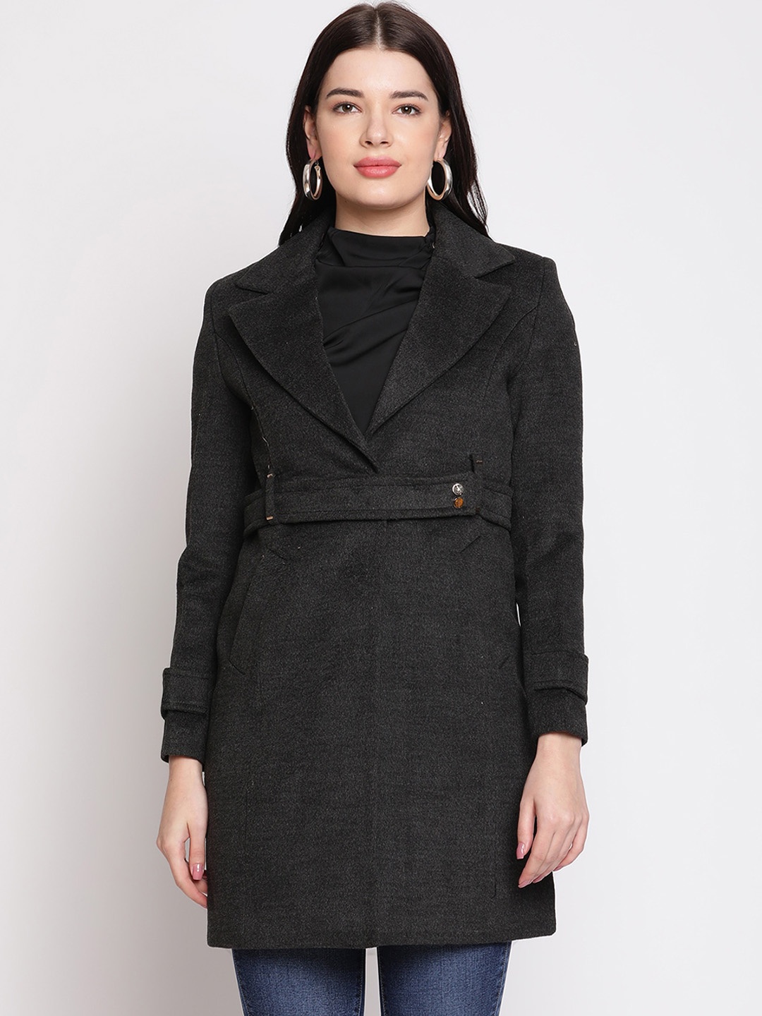 

Madame Women Charcoal Grey Belted Cotton Overcoat