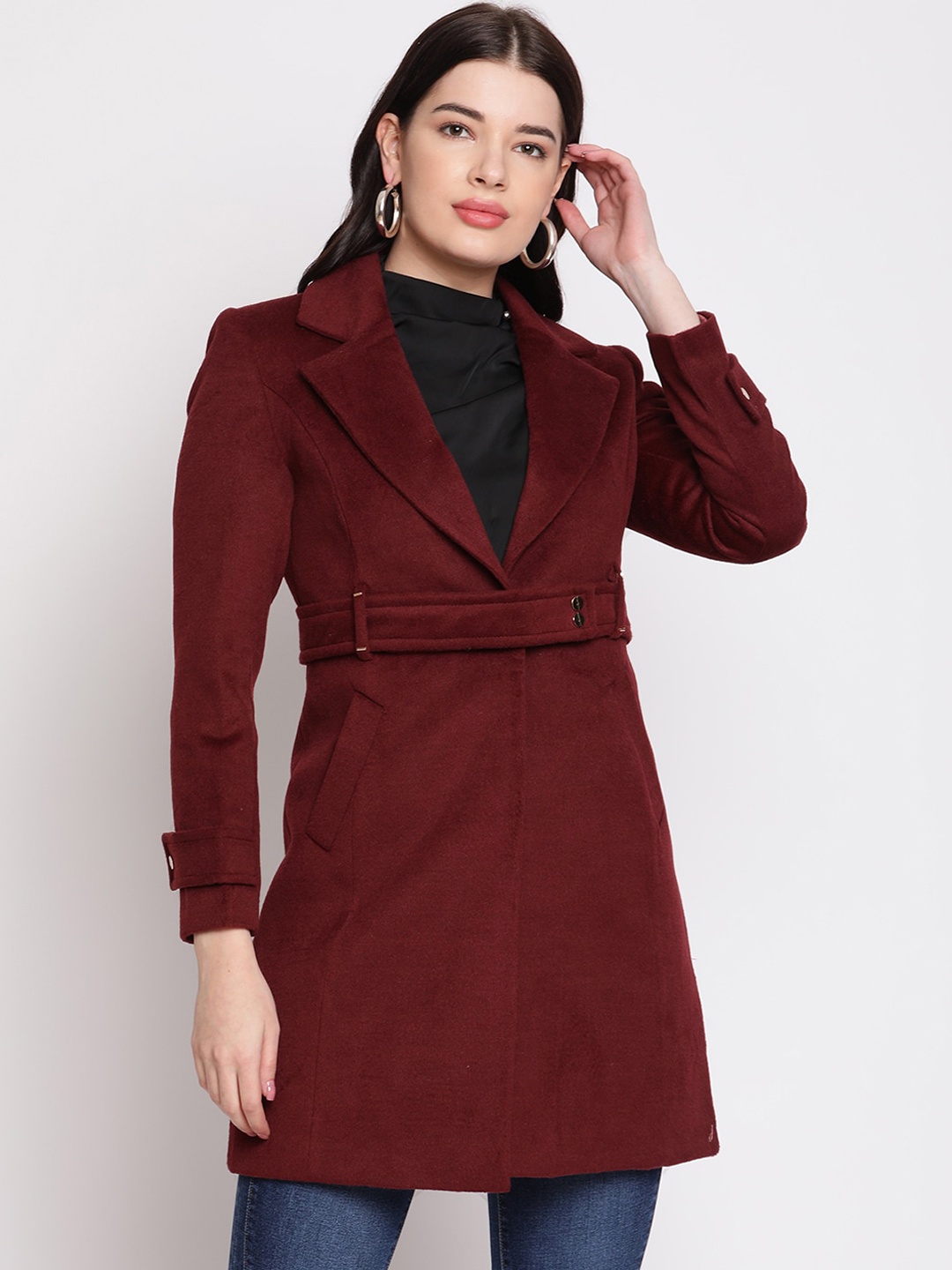 

Madame Women Maroon Solid Cotton Trench Coat