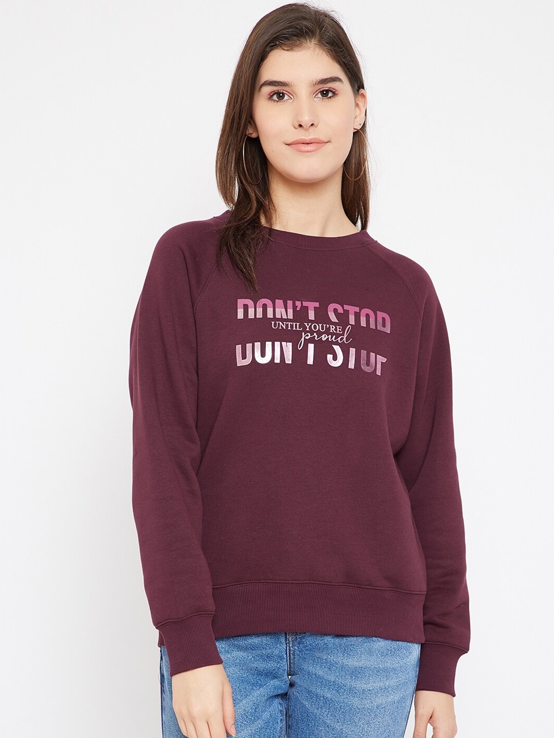 

Madame Women Maroon Printed Sweatshirt