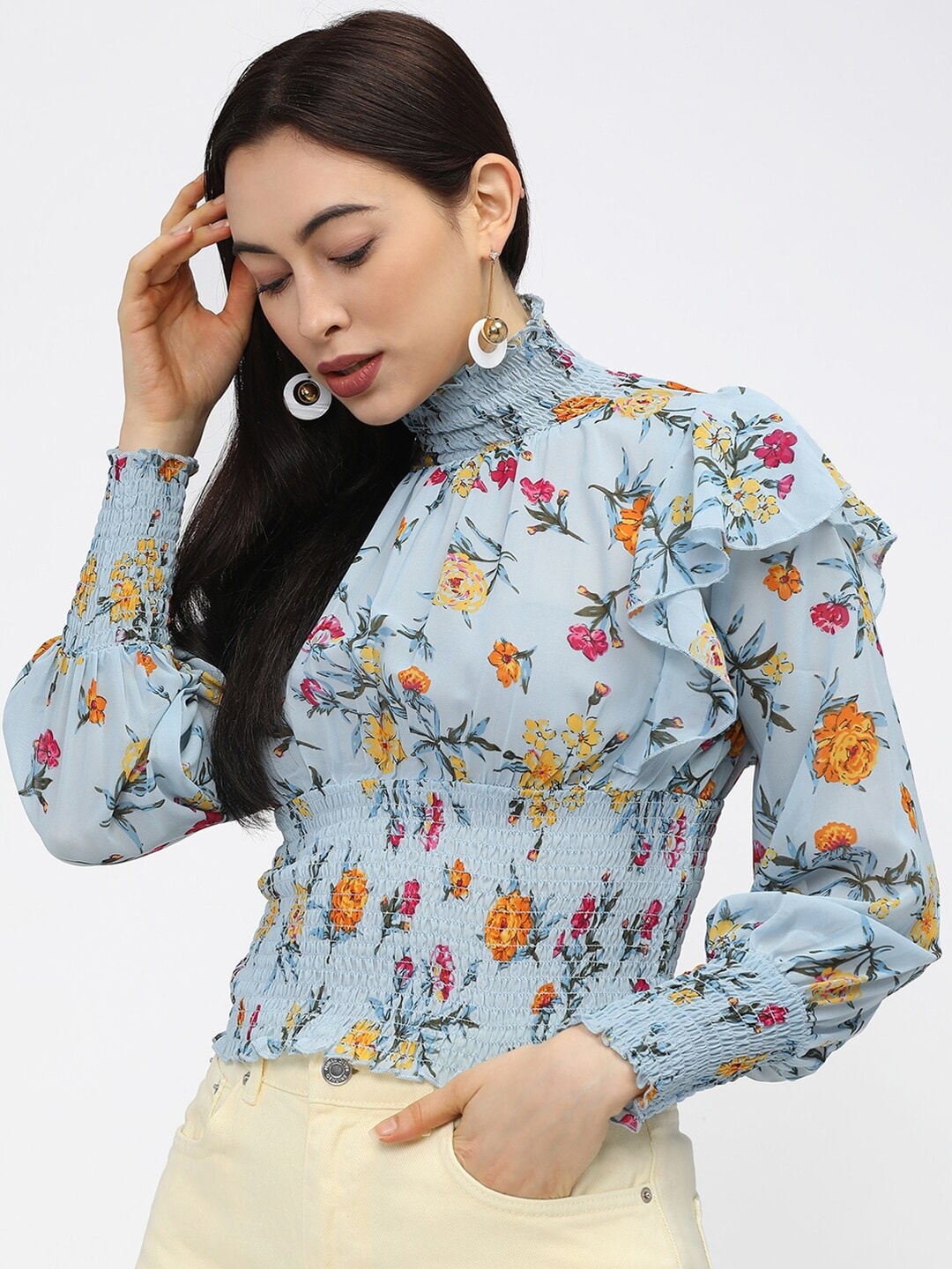 

Tokyo Talkies Blue & Yellow Floral Print Cinched Waist Top