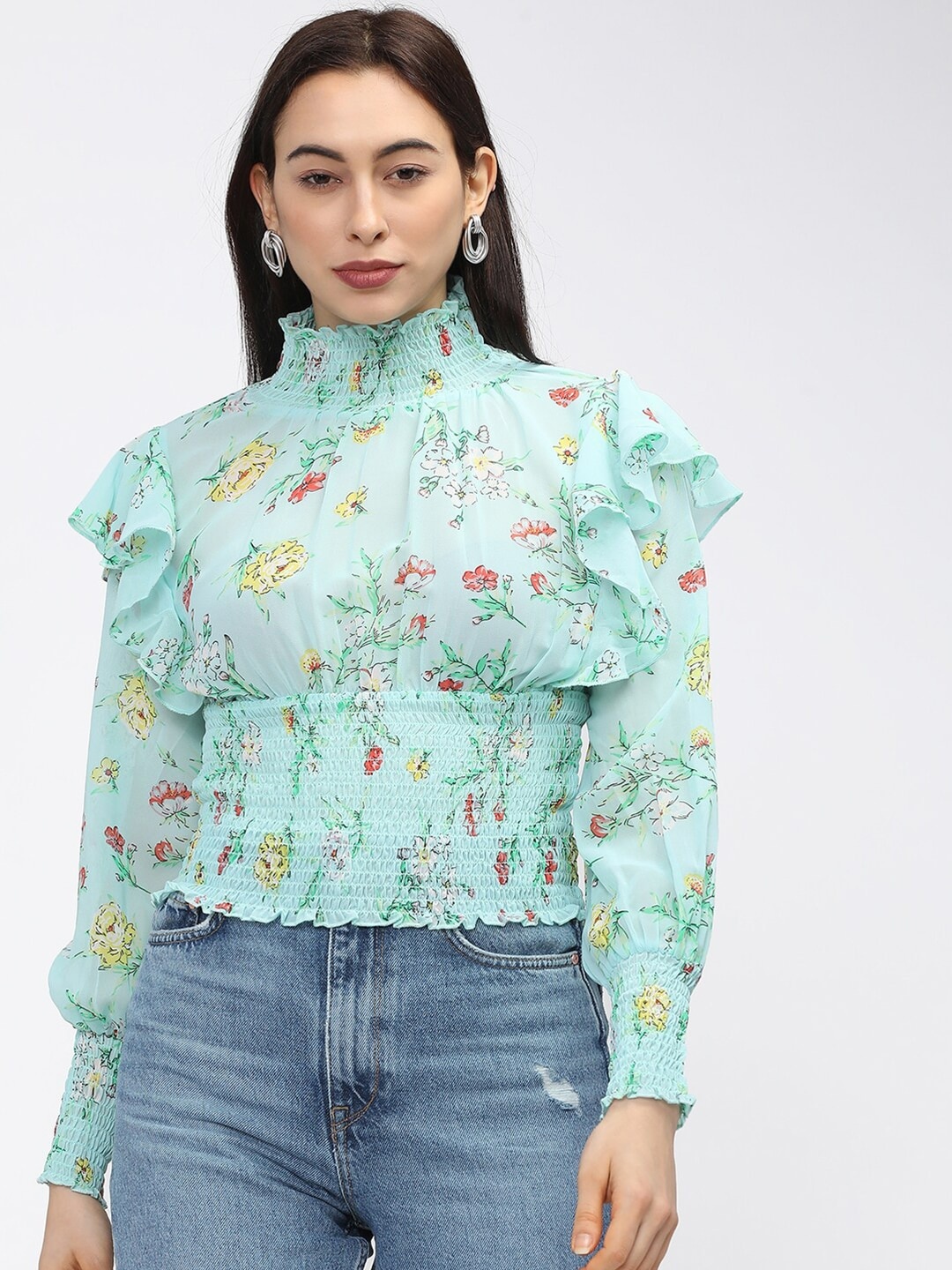 

Tokyo Talkies Sea Green & Yellow Floral Print Cinched Waist Top