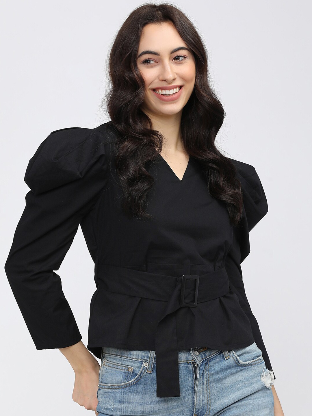 

CHIC BY TOKYO TALKIES Black Mandarin Collar Cinched Waist Top
