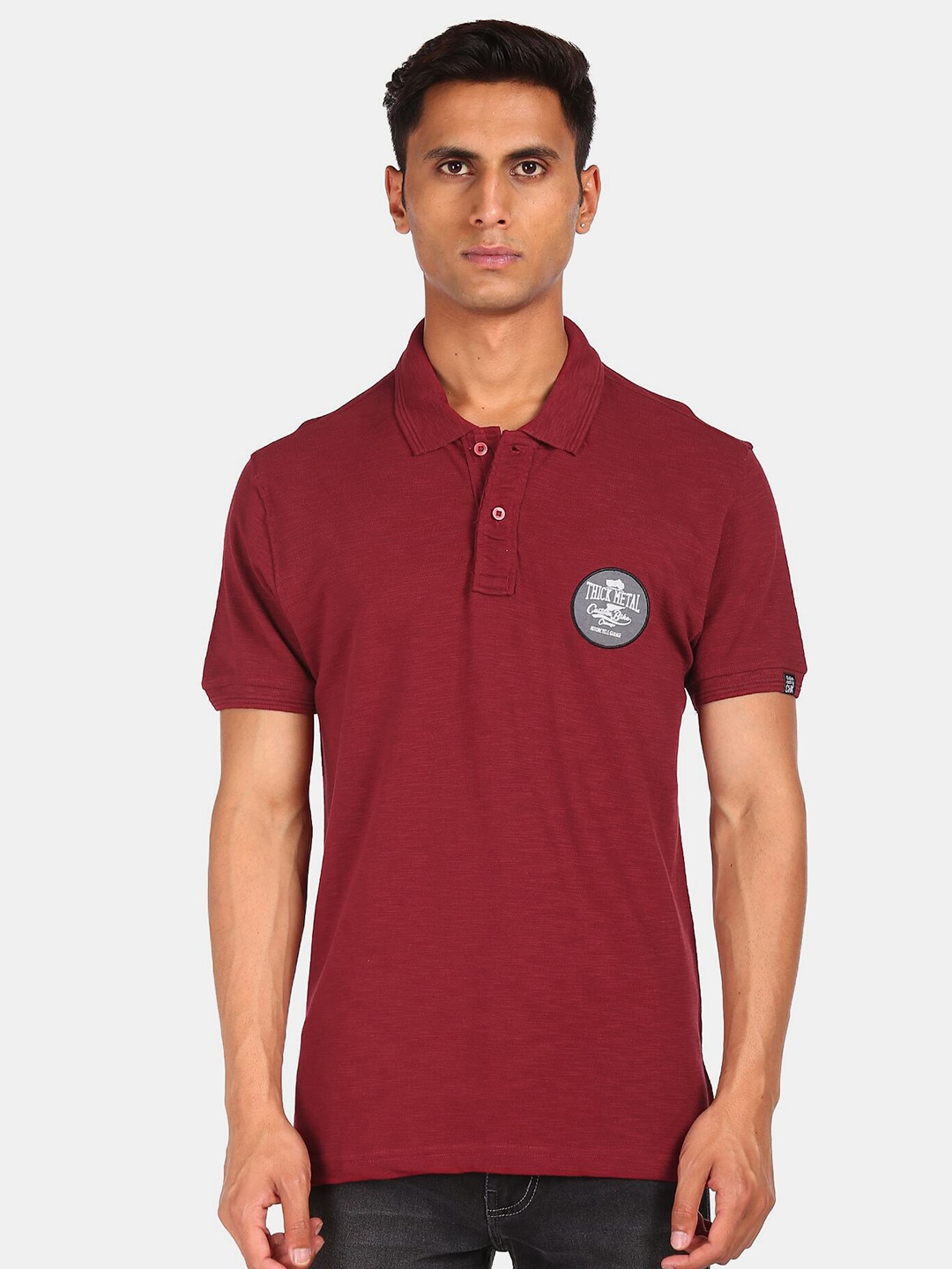 

Cherokee Men Maroon Pure Cotton Solid Polo Collar Applique Detail T-shirt