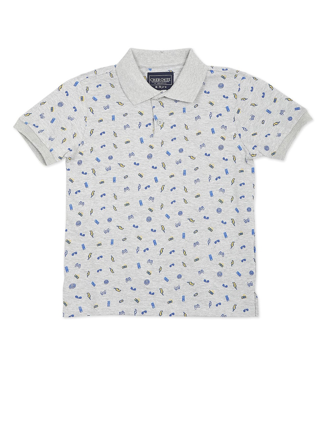 

Cherokee Boys Grey Melange & Blue Printed Polo Collar T-shirt
