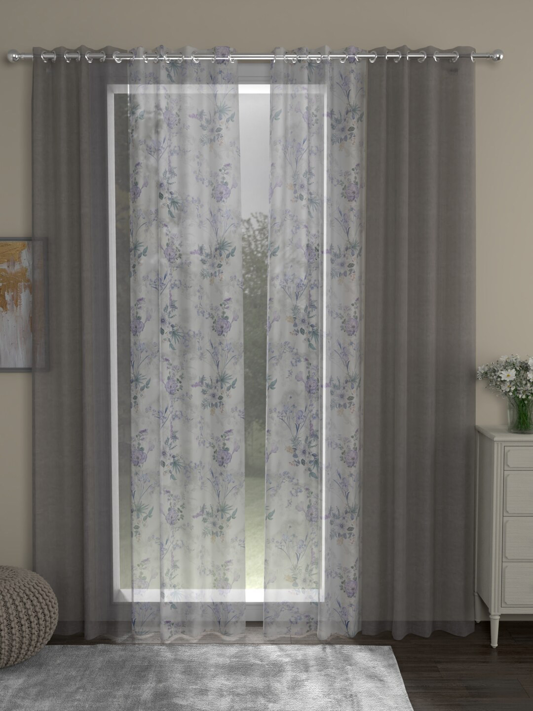 

ROSARA HOME Grey & Lavender Floral Pack of 4 Sheer Door Curtains