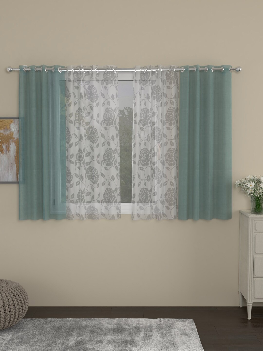 

ROSARA HOME Turquoise Blue & Grey Set of 4 Floral Sheer Window Curtain