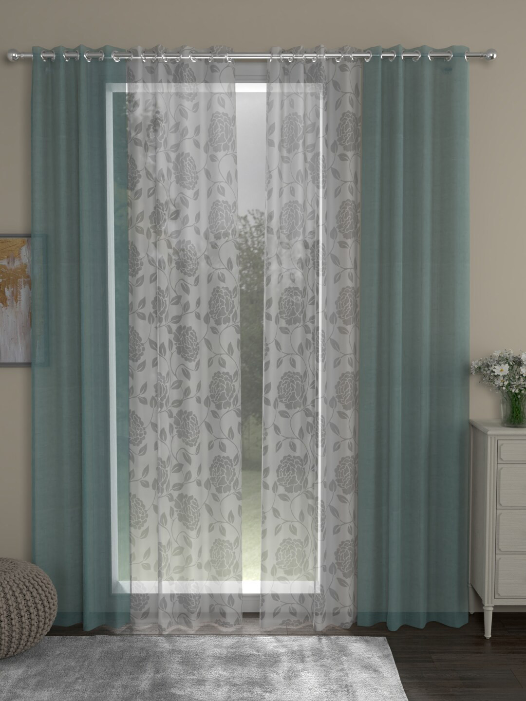 

ROSARA HOME Set of 4 Turquoise Blue & Grey Floral Sheer Door Curtain